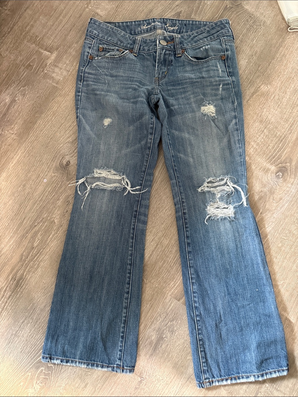 American Eagle Outfitters Distressed Medium Blue Wide-Leg Jeans